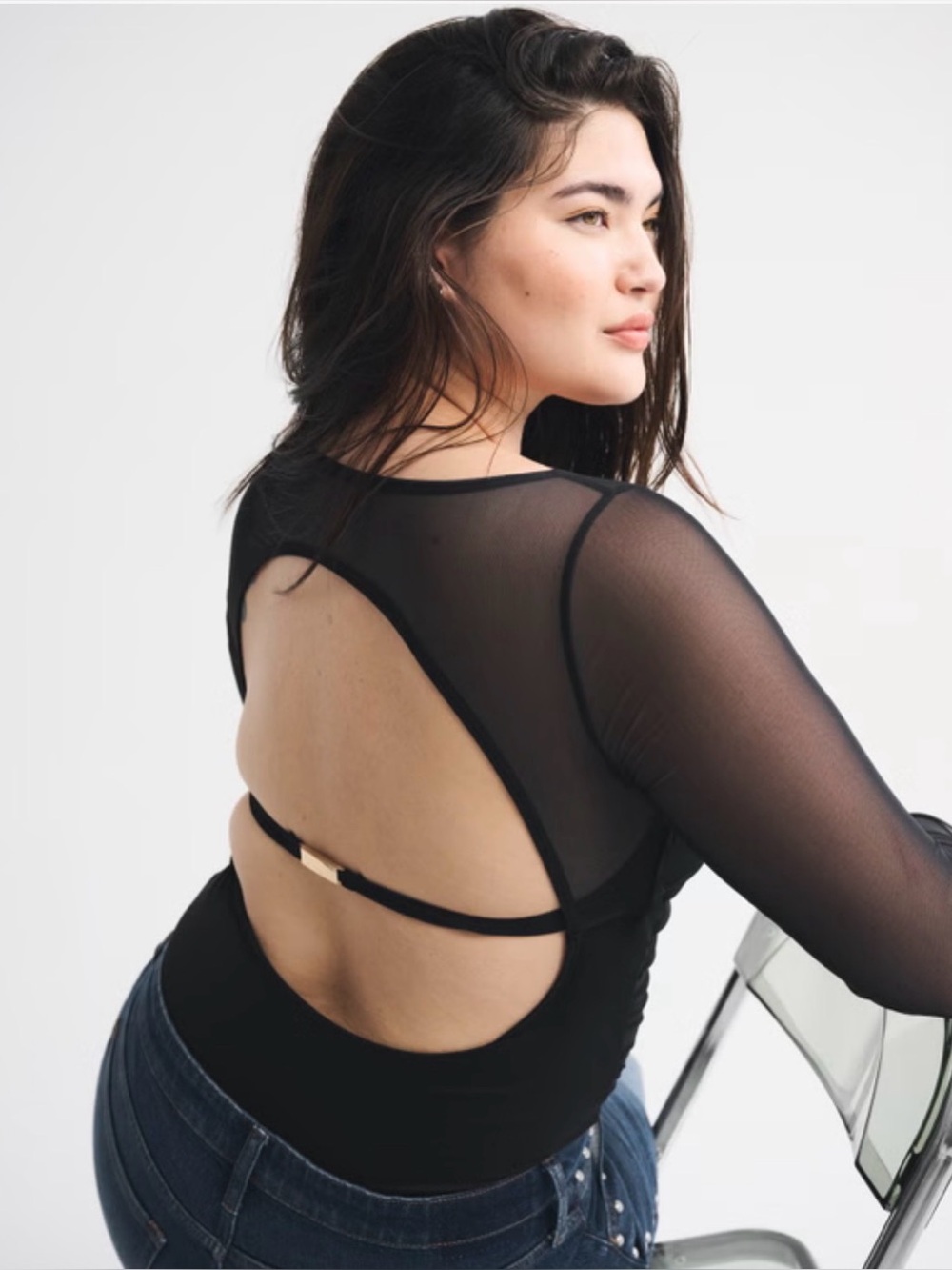 Abercrombie & Fitch Bra Free Black Mesh Long Sleeve Cut Out Bodysuit